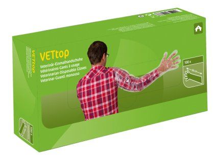 Rukavice veterinární VET TOP, 90 cm dlouhé, průhledné, 100 ks v kartonu a